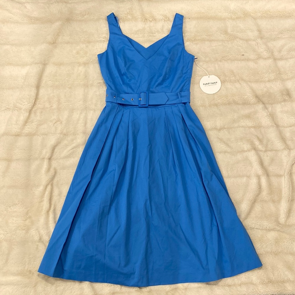 NAF NAF | NWT Blue Belted Dress Sleeveless Criss Cross Back | EU 38/ US Small